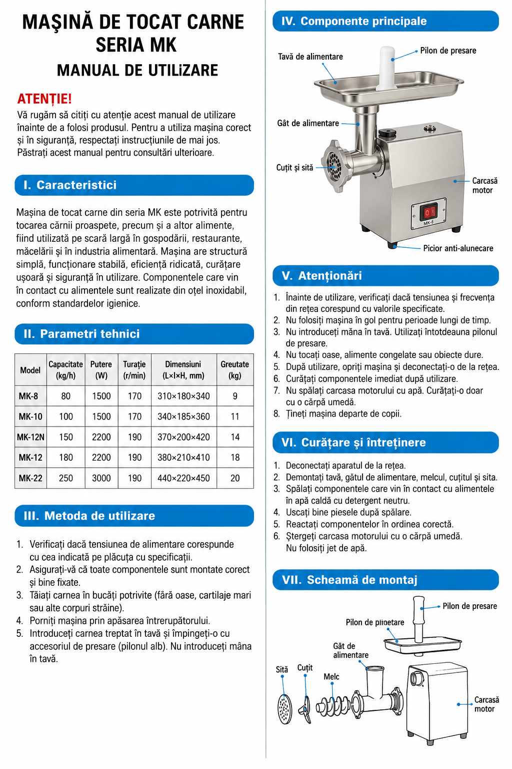 Mașină Electrică de Tocat Carne MK-8 – 1500 W, 60 kg/h, Inox, 220 V