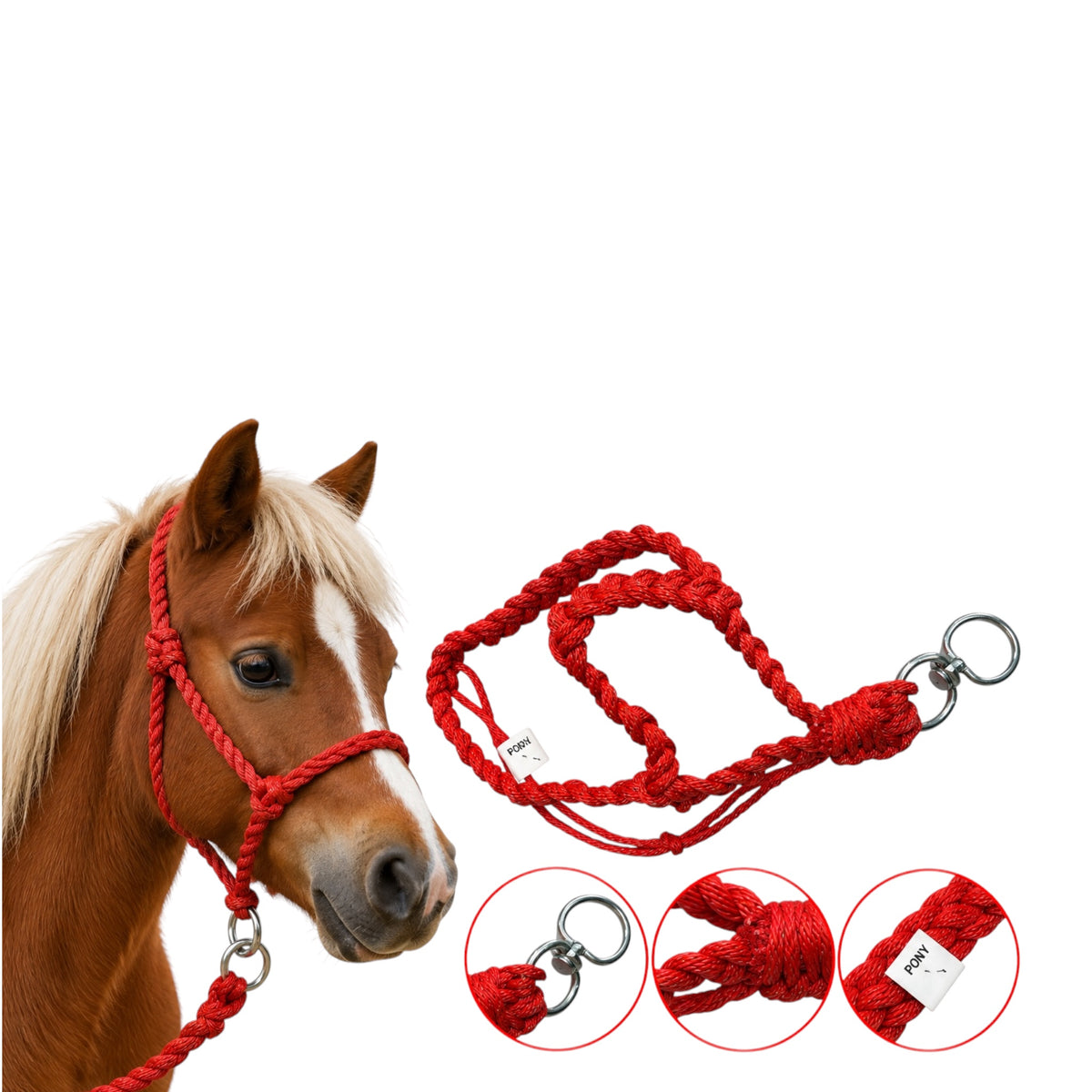 Căpăstru Împletit din Frânghie pentru Pony – Mărimea Pony M, Roșu, cu Inel Metalic