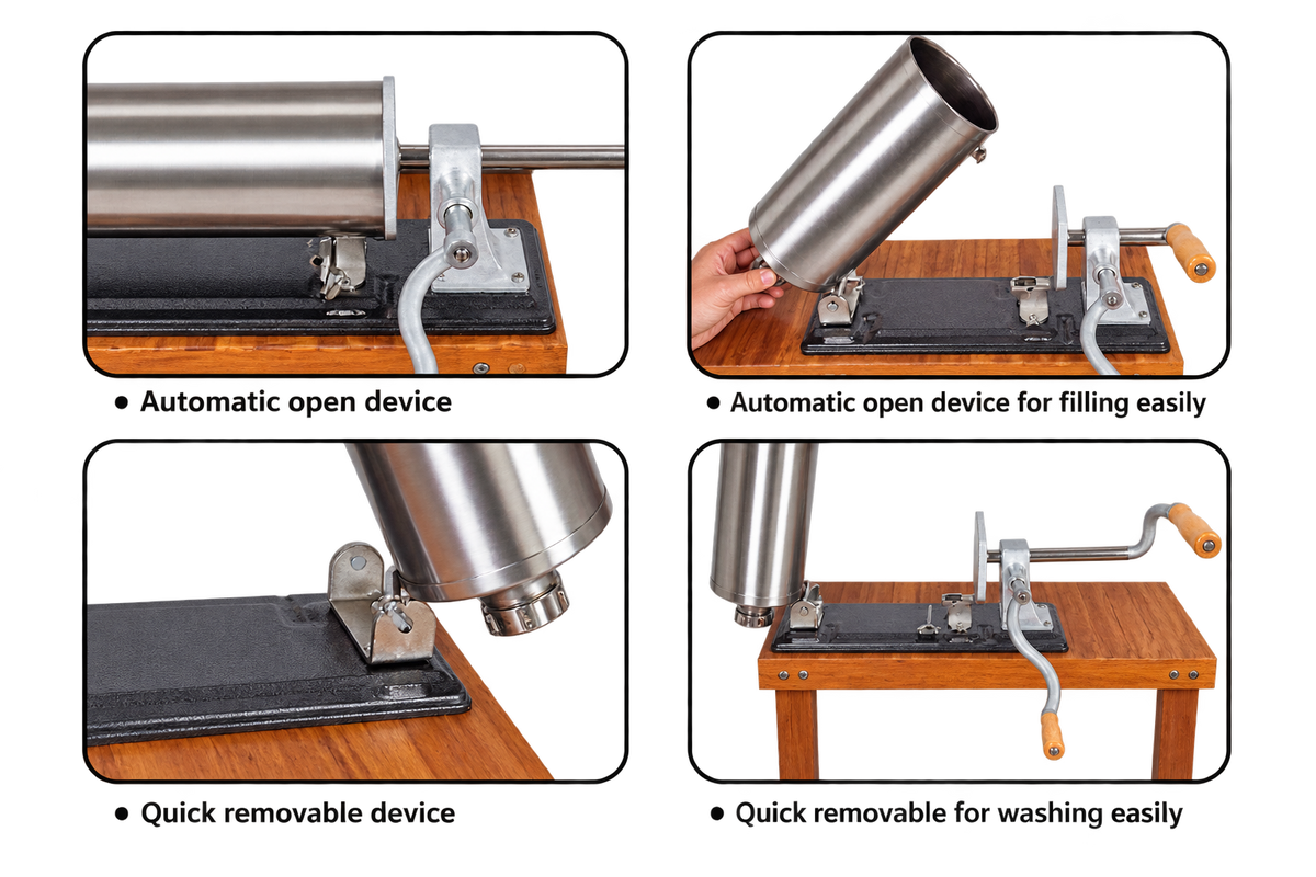 Mașină Manuală de Umplut Cârnați Orizontală 3 kg din Inox – 4 Pâlnii Incluse
