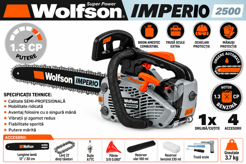 Drujbă pe Benzină Wolfson Imperio 2500 DAX2500 – 1,3 CP, Lamă 30 cm, 4 Accesorii