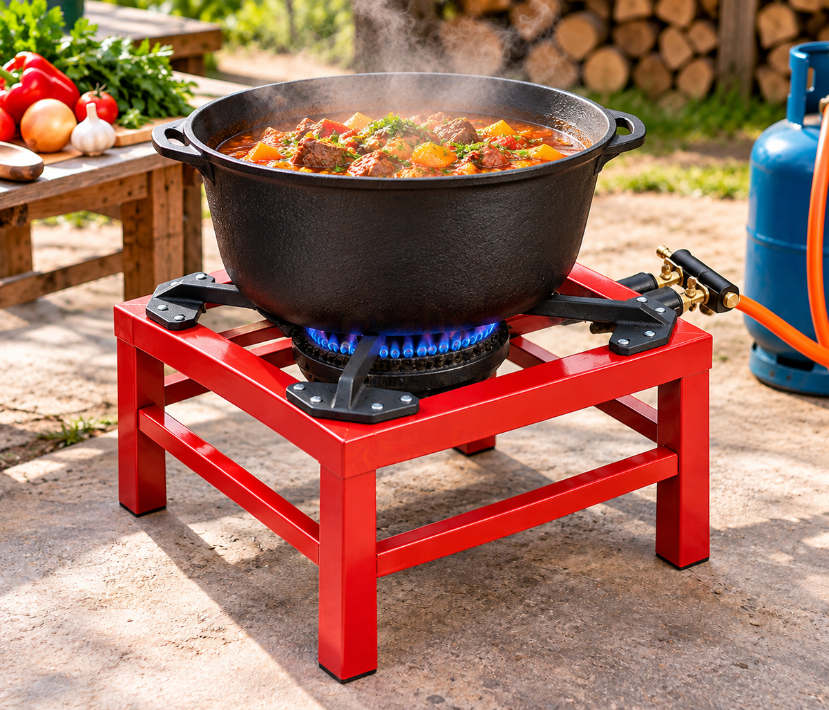 Pirostrie Roșie din Fontă cu Două Focuri 40 × 40 cm – Suport pentru Gătit la Ceaun, Tuci și Vase din Fontă