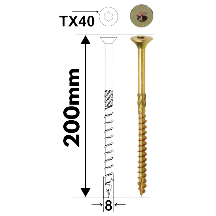 Șurub pentru dulgherie cu cap înecat 8 x 200 mm – 50 bucăți/cutie
