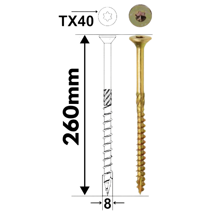 Șurub pentru dulgherie cu cap înecat 8 x 260 mm – 50 bucăți/cutie