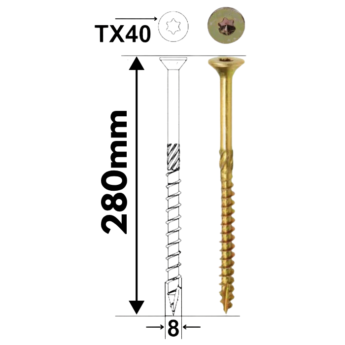 Șurub pentru dulgherie cu cap înecat 8 x 280 mm – 50 bucăți/cutie