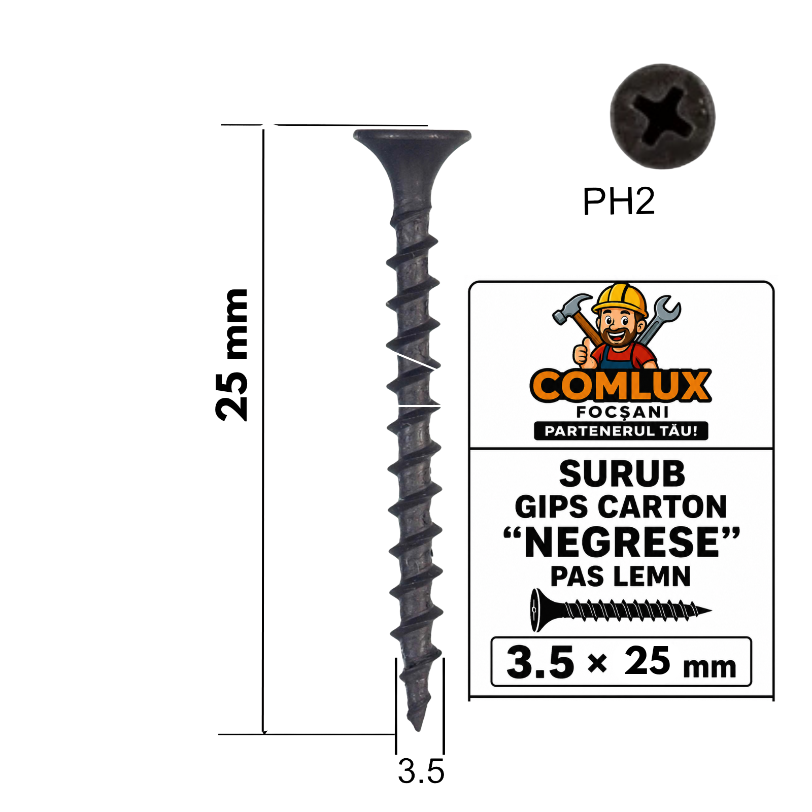 Șuruburi pentru Gips-Carton „Negrese” 3.5 × 25 mm – Pas Lemn, PH2, Taiwan, 100 Buc/Pungă