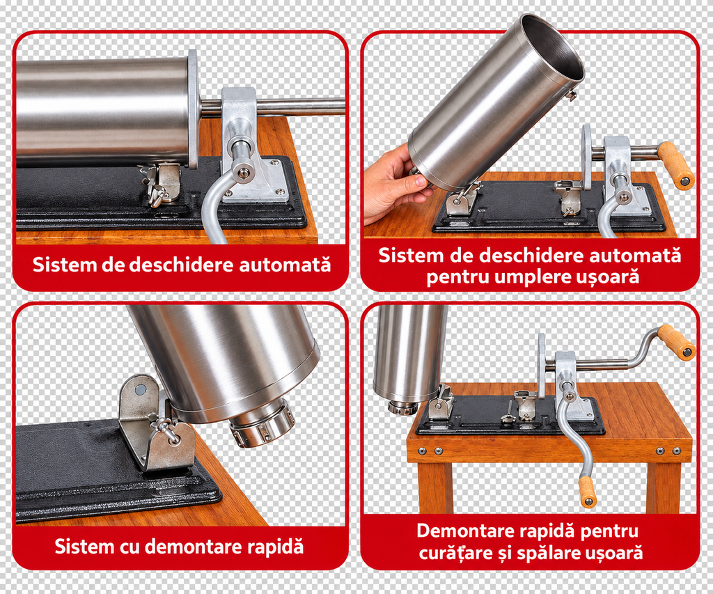 Mașină Manuală de Umplut Cârnați Orizontală 3 kg din Inox – 4 Pâlnii Incluse