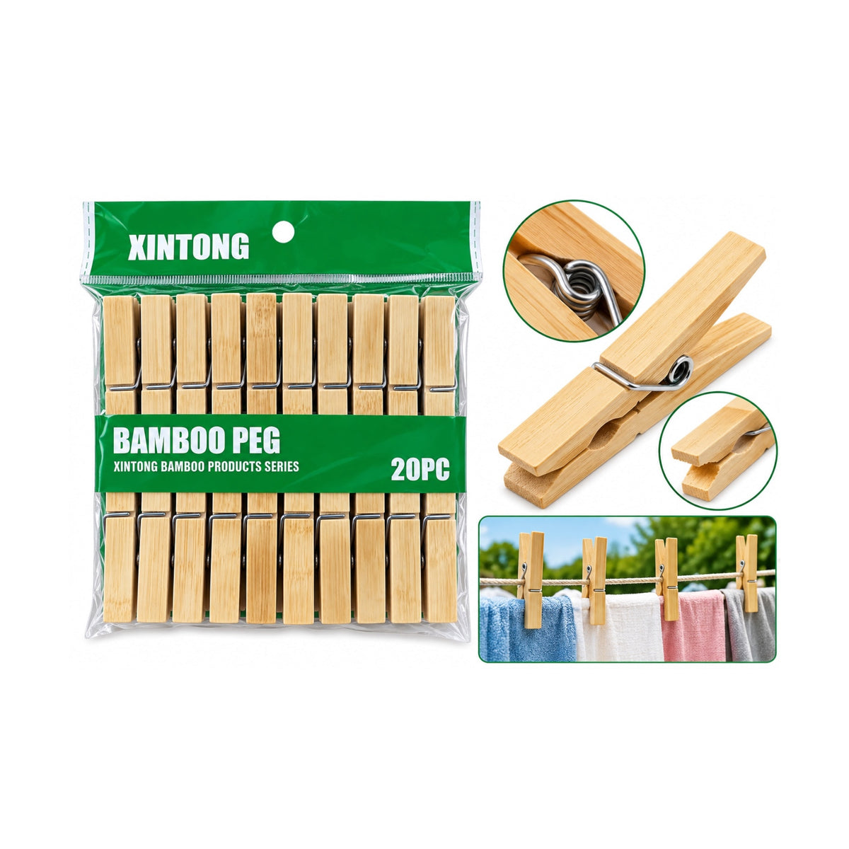 Cârlige Mari pentru Rufe din Bambus – Set 20 Bucăți, cu Arc Metalic