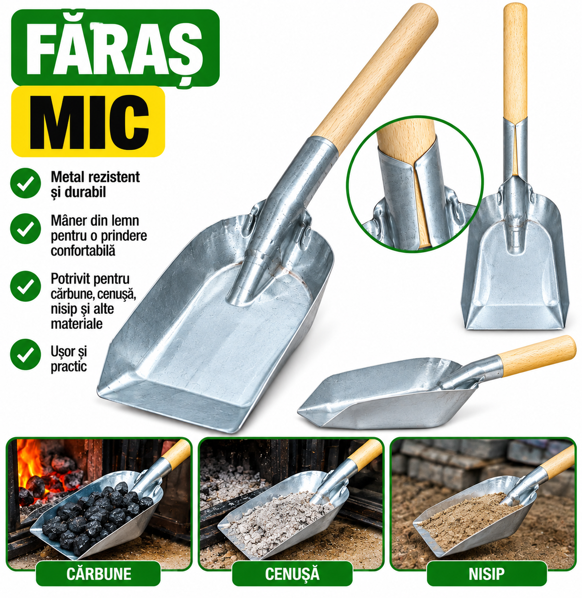 Făraș Mic Metalic cu Mâner din Lemn