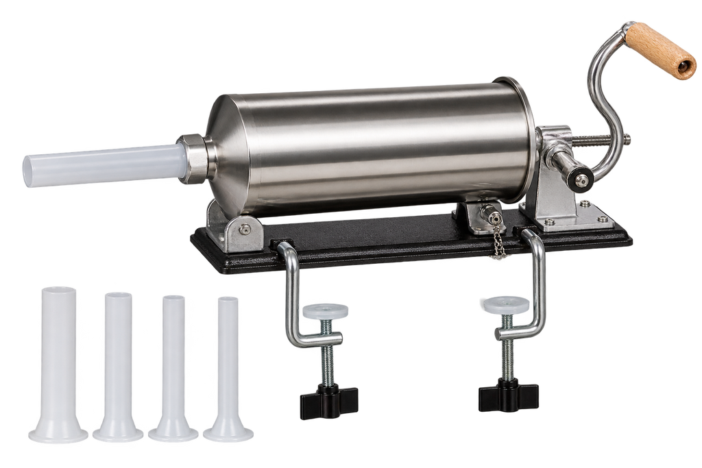 Mașină Manuală de Umplut Cârnați Orizontală 3 kg din Inox – 4 Pâlnii Incluse