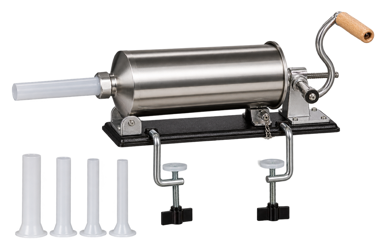 Mașină Manuală de Umplut Cârnați Orizontală 3 kg din Inox – 4 Pâlnii Incluse