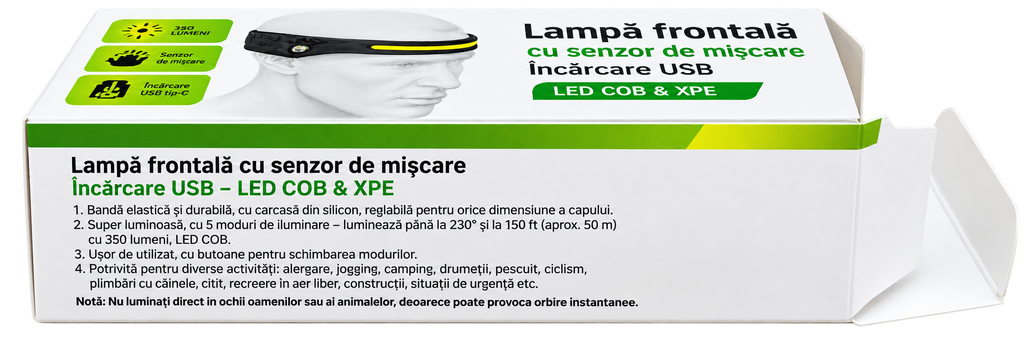 Lanternă Frontală LED cu Senzor de Mișcare – COB + XPE, USB-C, 350 Lumeni