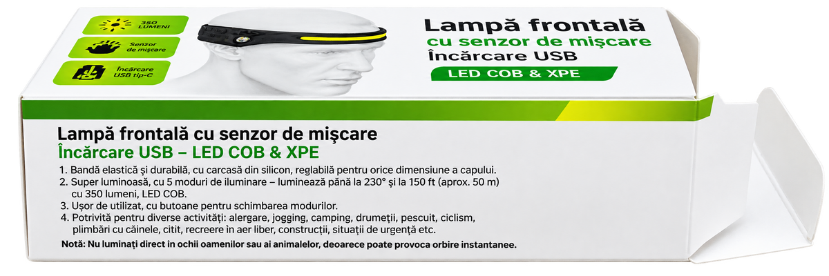 Lanternă Frontală LED cu Senzor de Mișcare – COB + XPE, USB-C, 350 Lumeni