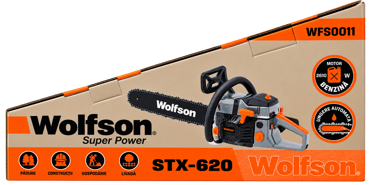 Drujbă Profesională pe Benzină Wolfson STX-620 – 3,5 CP, 58 cc, Lamă 45 cm