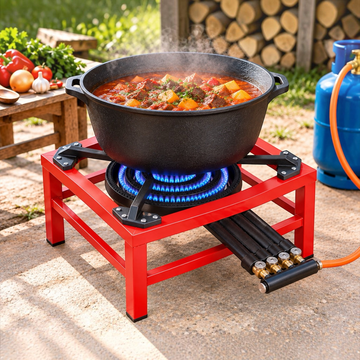 Pirostrie Roșie din Fontă cu Patru Focuri 45 × 45 cm – Suport pentru Gătit la Ceaun, Tuci și Vase din Fontă