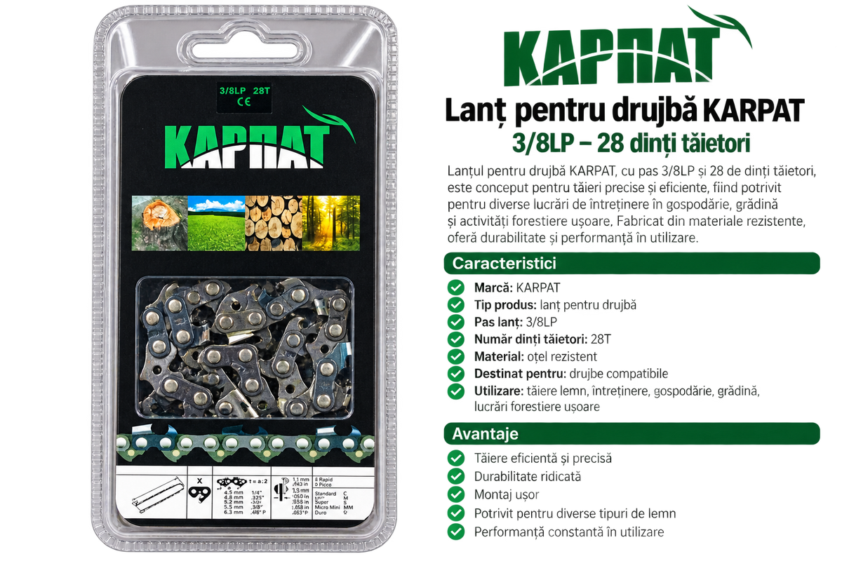 Lanț Drujbă KARPAT 3/8 LP – 28 Dinți Tăietori