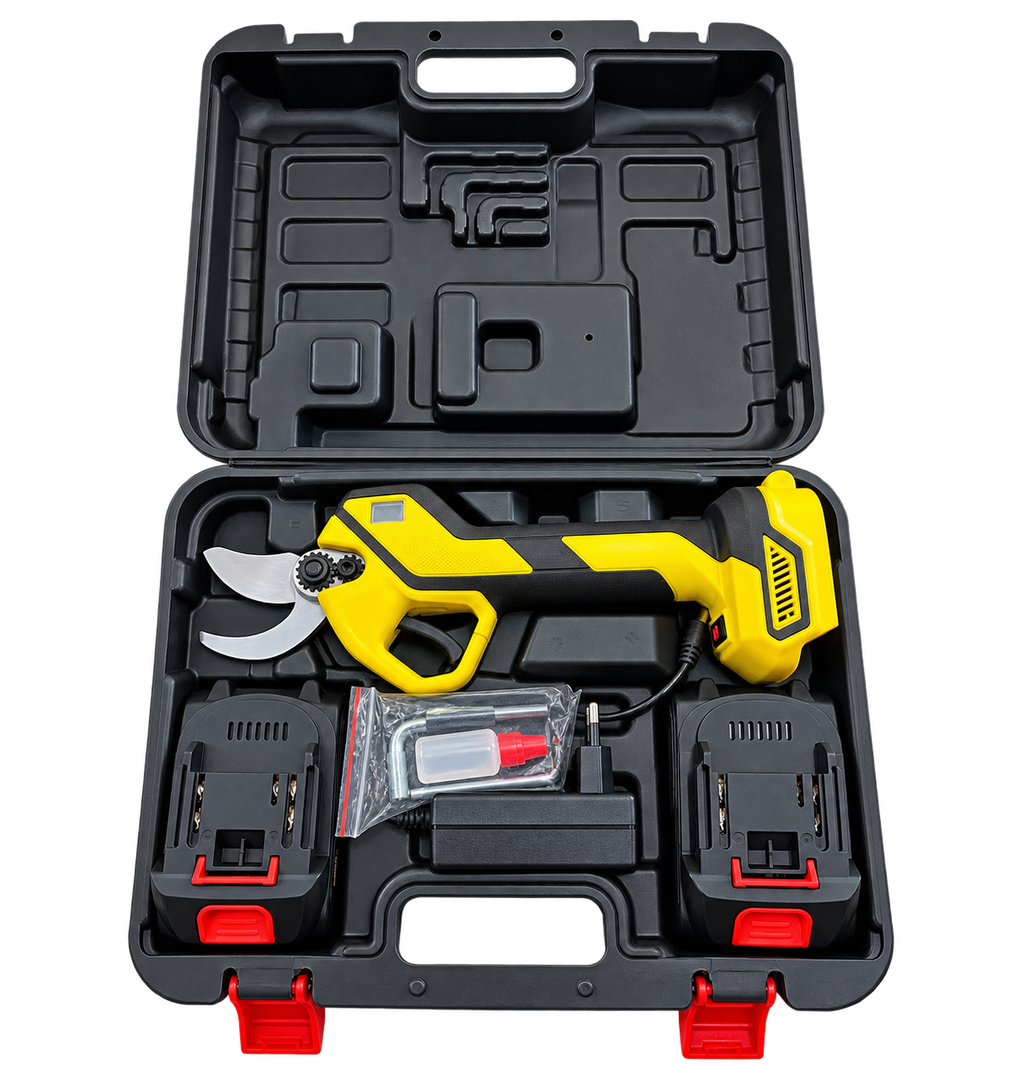 Foarfecă Galbenă Electrică de Grădină GEO-LUX 21V – 2 Acumulatori 2000 mAh, Display Digital, Set Complet în Valiză