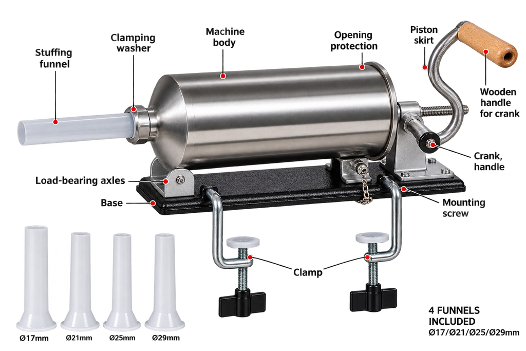 Mașină Manuală de Umplut Cârnați GEO-LUX, Inox, Capacitate 4 kg, 4 Pâlnii Incluse