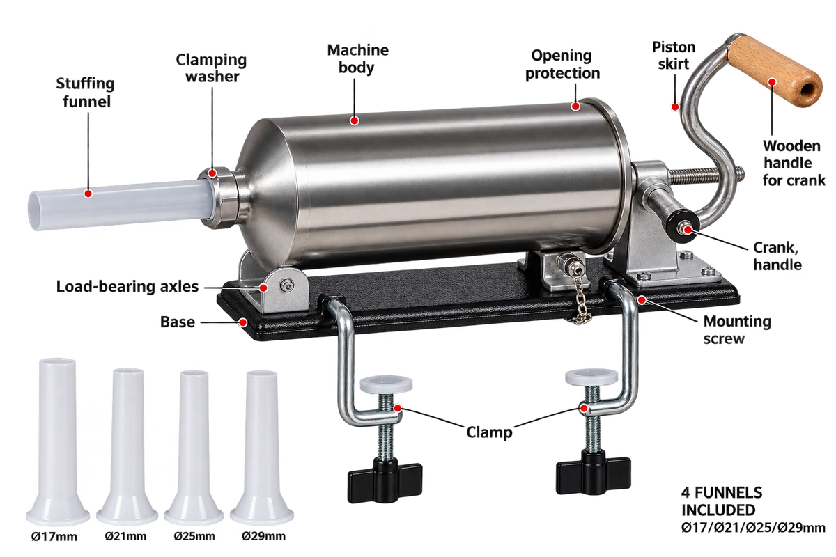 Mașină Manuală de Umplut Cârnați GEO-LUX, Inox, Capacitate 4 kg, 4 Pâlnii Incluse