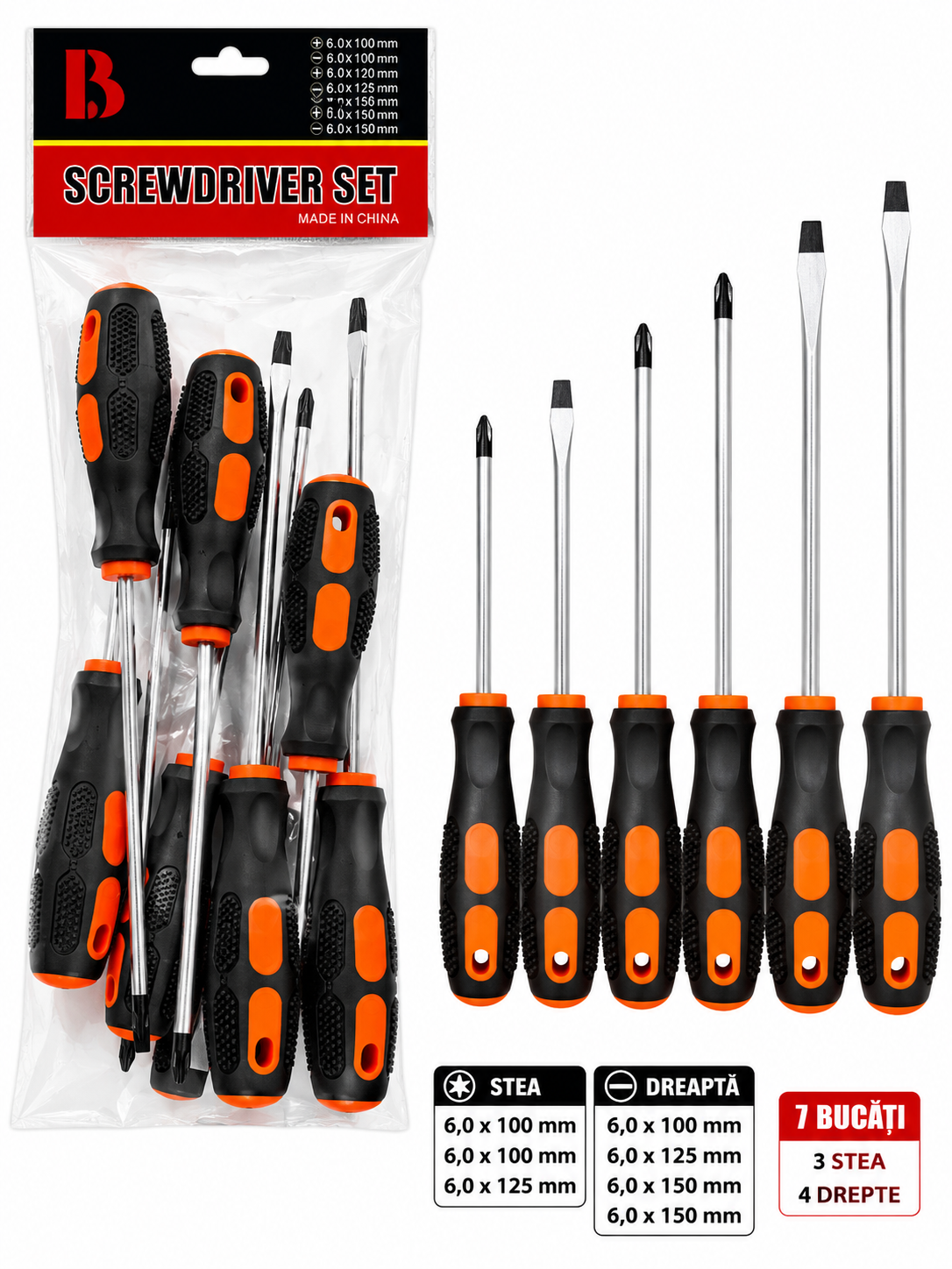Set 7 Șurubelnițe – 3 Stea + 4 Drepte, Mâner Ergonomic