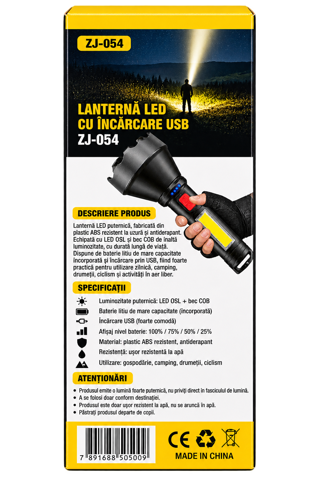 Lanternă LED Reîncărcabilă ZJ-05 cu USB și Lumină Laterală COB