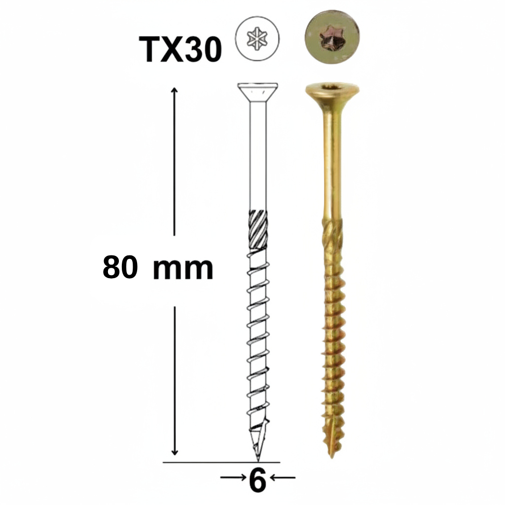 Șurub Dulgherie pentru PAL și Lemn Tors 6×80 mm – 200 Bucăți, Cap Înecat