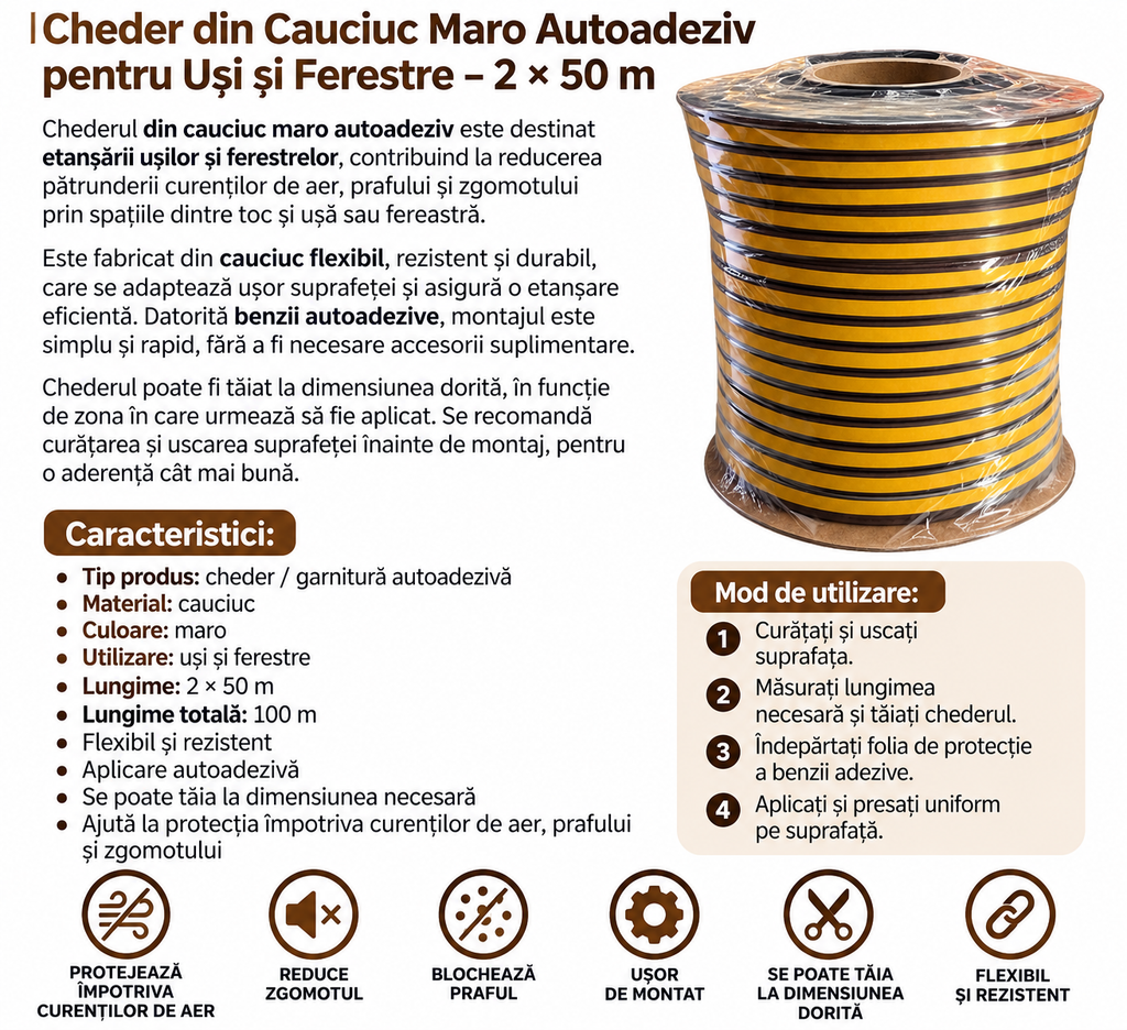 Cheder din Cauciuc Maro Autoadeziv pentru Uși și Ferestre – 2 × 50 m