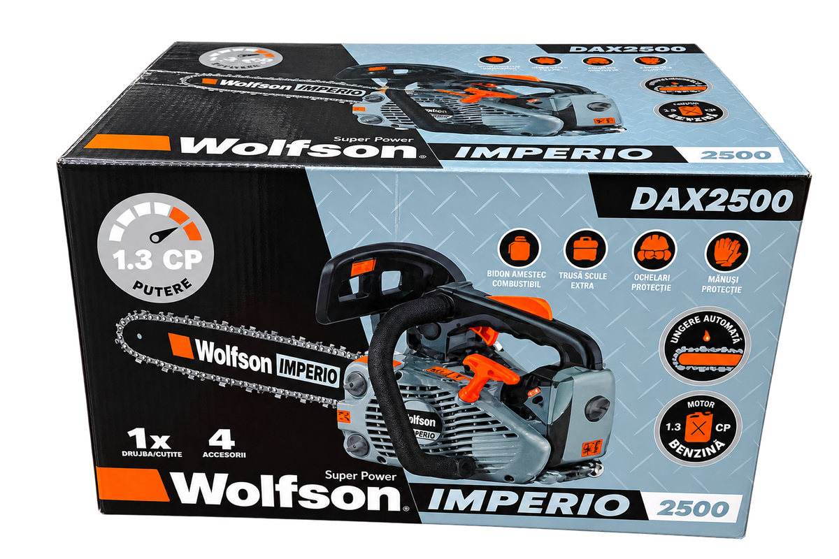 Drujbă pe Benzină Wolfson Imperio 2500 DAX2500 – 1,3 CP, Lamă 30 cm, 4 Accesorii