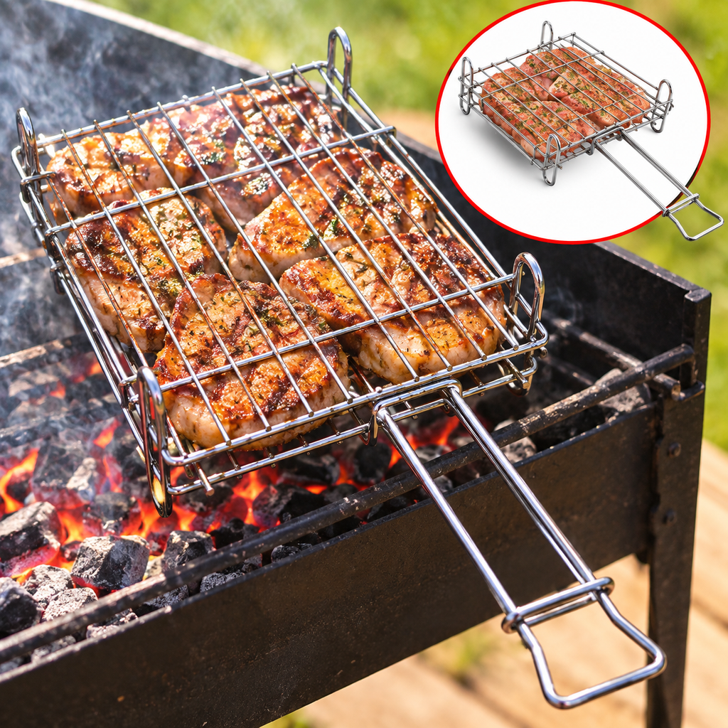 Grătar Dublu pentru Carne – 20 × 15 cm, cu Mâner