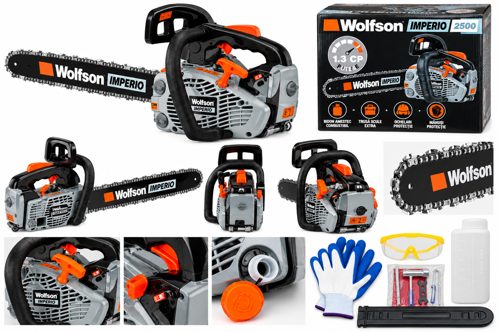 Drujbă pe Benzină Wolfson Imperio 2500 DAX2500 – 1,3 CP, Lamă 30 cm, 4 Accesorii