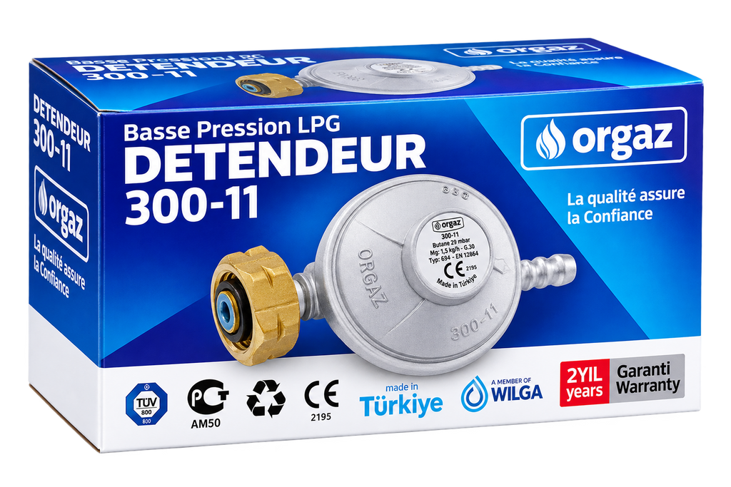 Regulator GPL Orgaz 300-11 – 29 mbar, 1,5 kg/h, Ceas pentru Butelie Turcia, cu Cheie Montaj