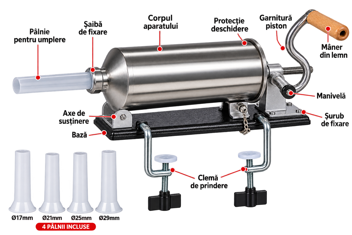 Mașină Manuală de Umplut Cârnați Orizontală 3 kg din Inox – 4 Pâlnii Incluse
