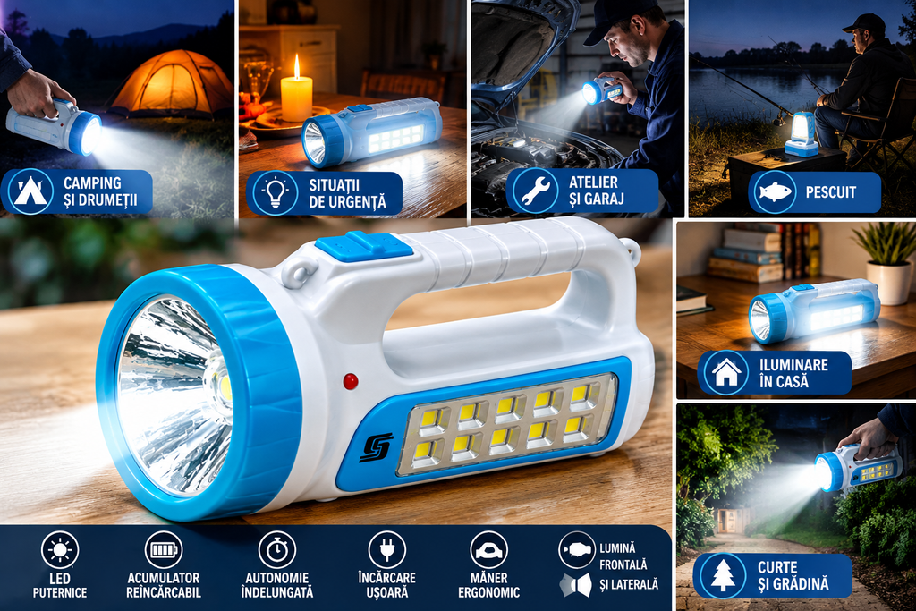 Lanternă LED Reîncărcabilă SG-1982 – 2W + 12 SMD, 1300 mAh – Cod 1982
