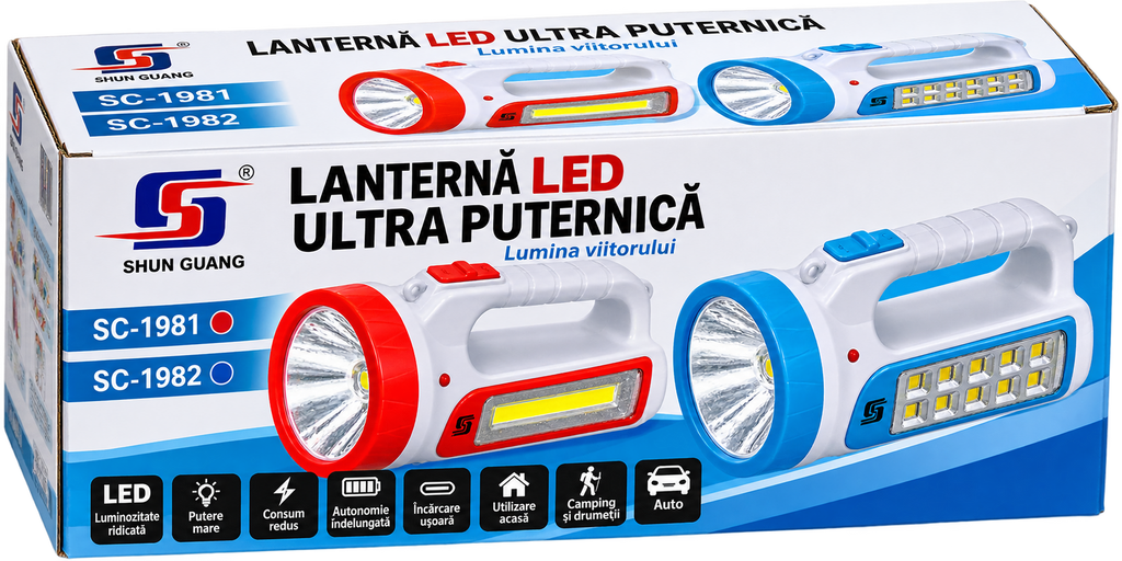 Lanternă LED Reîncărcabilă SG-1982 – 2W + 12 SMD, 1300 mAh – Cod 1982
