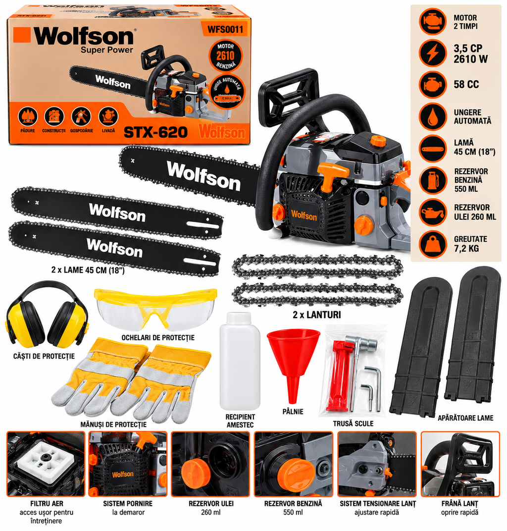 Drujbă Profesională pe Benzină Wolfson STX-620 – 3,5 CP, 58 cc, Lamă 45 cm