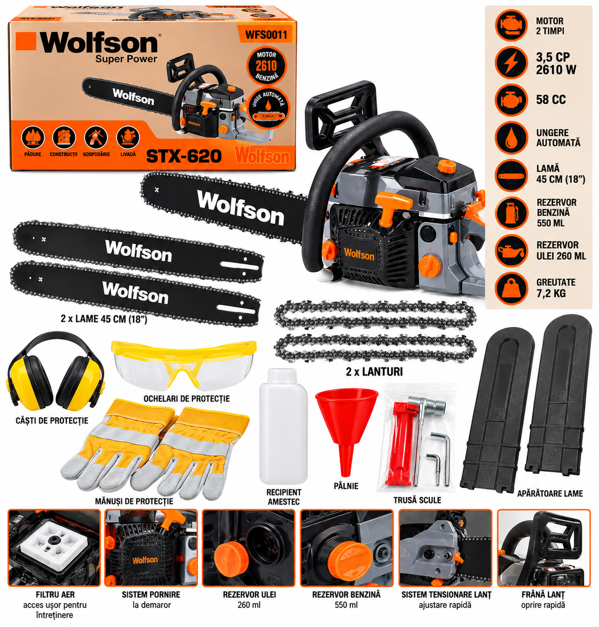 Drujbă Profesională pe Benzină Wolfson STX-620 – 3,5 CP, 58 cc, Lamă 45 cm