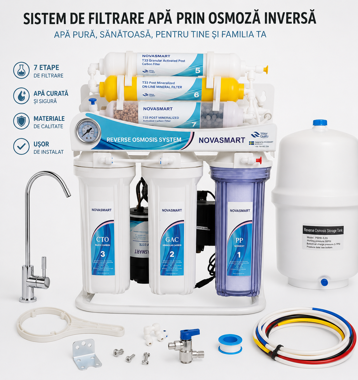 Sistem de Filtrare Apă cu Osmoză Inversă – 7 Etape de Purificare, Rezervor Inclus