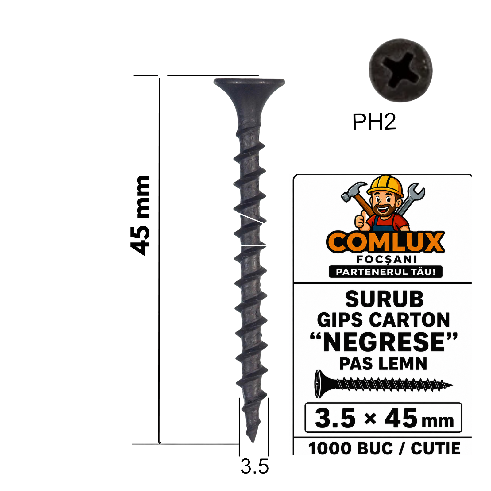 Șuruburi pentru Gips-Carton „Negrese” 3.5 × 45 mm – Pas Lemn, PH2, Taiwan, 1000 Buc/Cutie