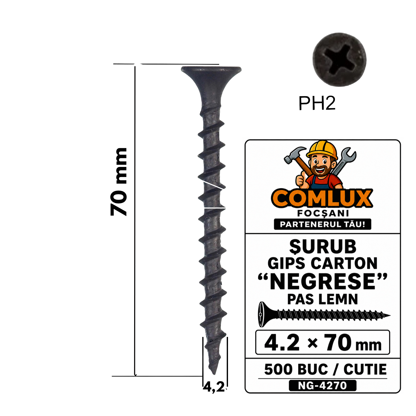 Șuruburi pentru Gips-Carton „Negrese” 4.2 × 70 mm – Pas Lemn, PH2, Taiwan, 500 Buc/Cutie