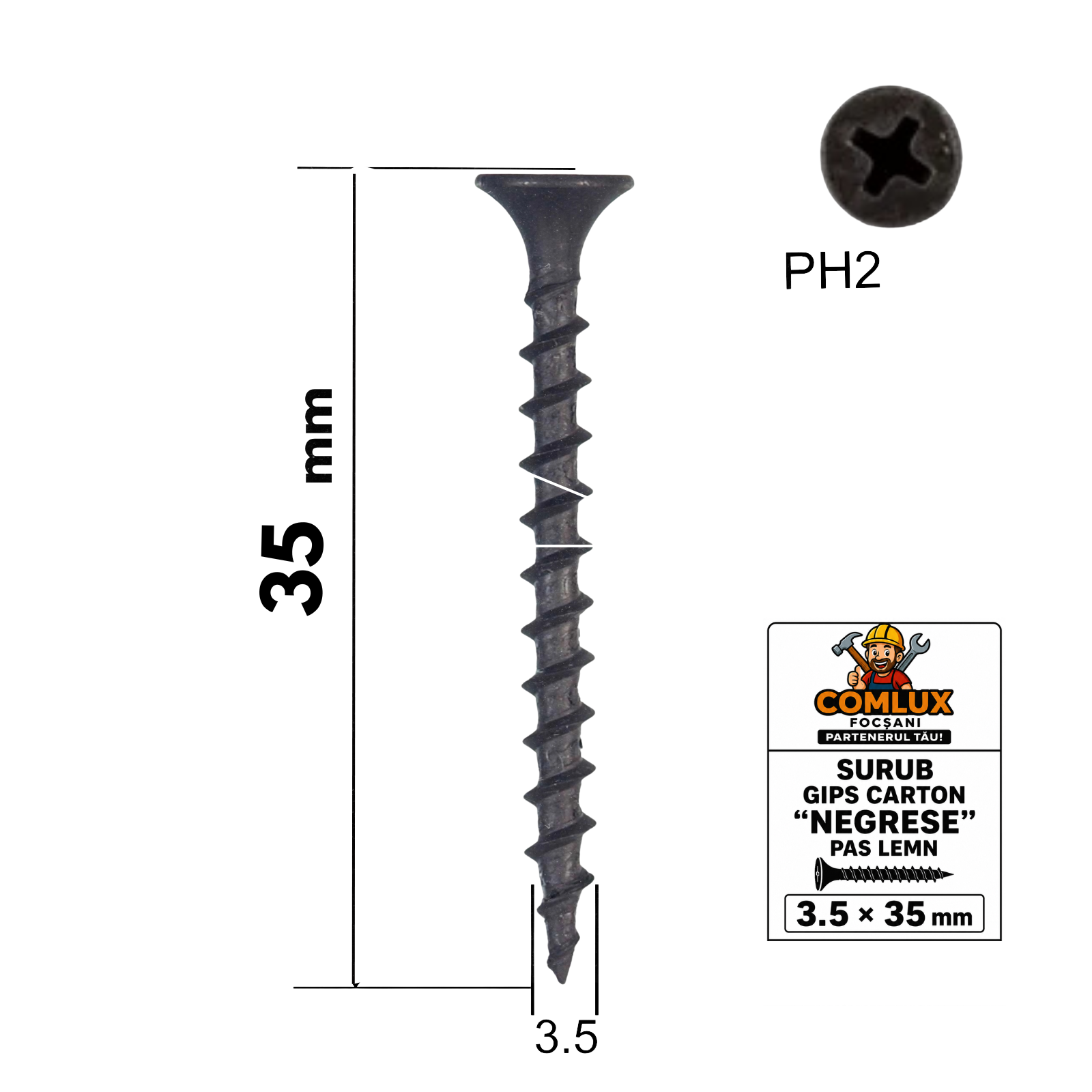 Șuruburi pentru Gips-Carton „Negrese” 3.5 × 35 mm – Pas Lemn, PH2, Taiwan, 100 Buc/Pungă
