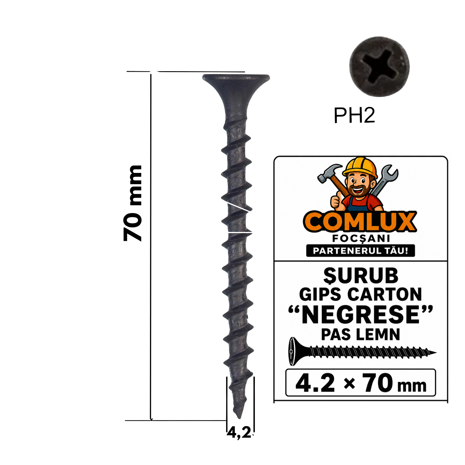 Șuruburi pentru Gips-Carton „Negrese” 4.2 × 70 mm – Pas Lemn, PH2, Taiwan, 100 Buc/Pungă