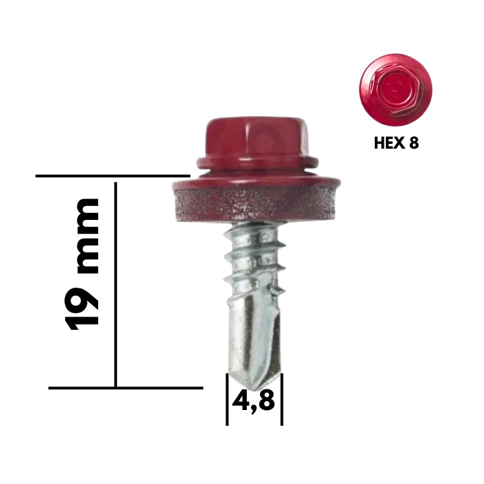 Șurub Autoforant pentru Tablă 4,8 x 19 mm Roșu (RAL), Cap Hexagonal HEX 8 – Polonia 250 buc