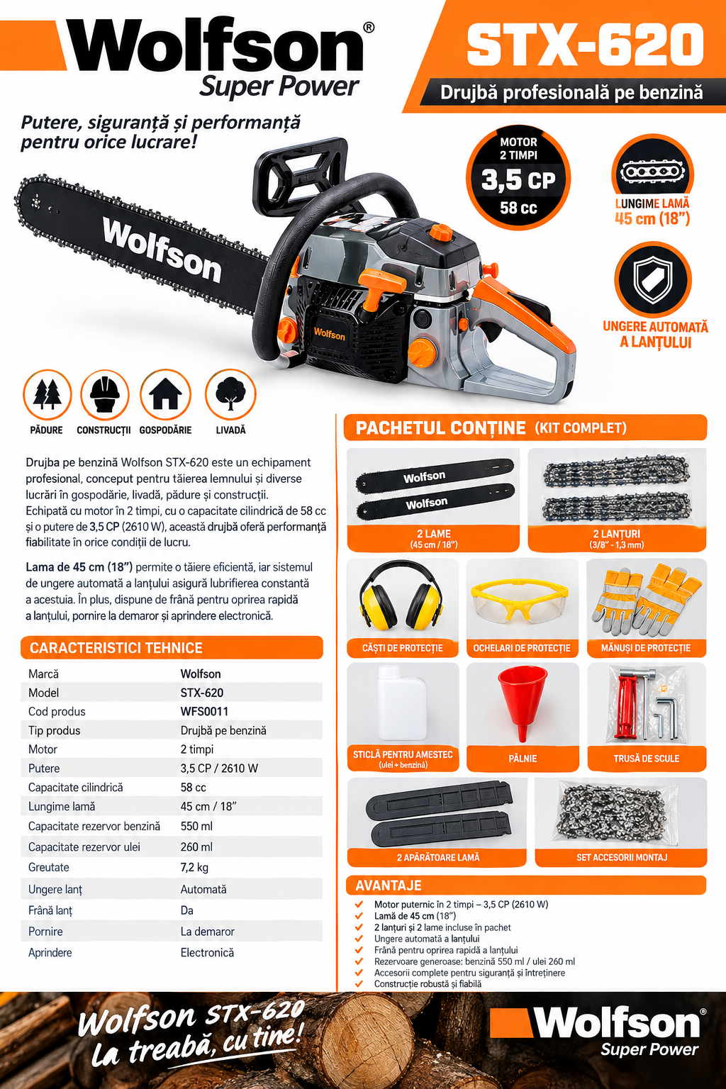 Drujbă Profesională pe Benzină Wolfson STX-620 – 3,5 CP, 58 cc, Lamă 45 cm