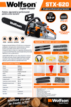 Drujbă Profesională pe Benzină Wolfson STX-620 – 3,5 CP, 58 cc, Lamă 45 cm