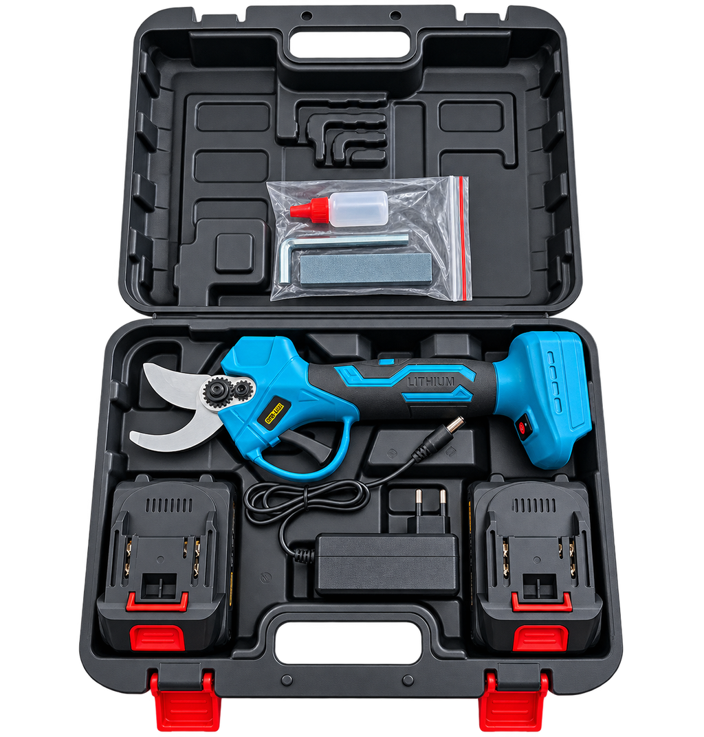 Foarfecă Albastră Electrică de Grădină GEO-LUX 21V – 2 Acumulatori Li-Ion 1.5Ah, Set Complet cu Valiză