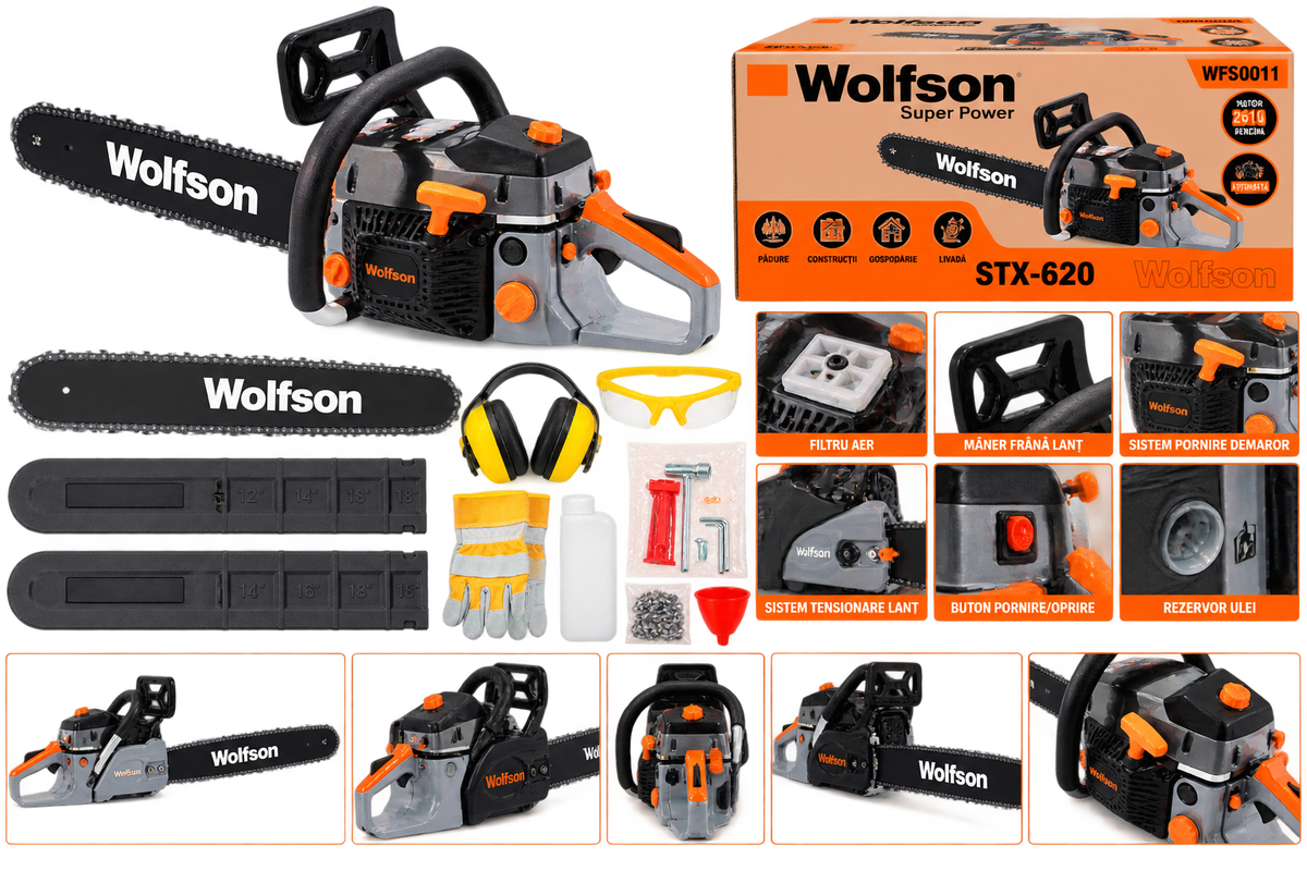 Drujbă Profesională pe Benzină Wolfson STX-620 – 3,5 CP, 58 cc, Lamă 45 cm