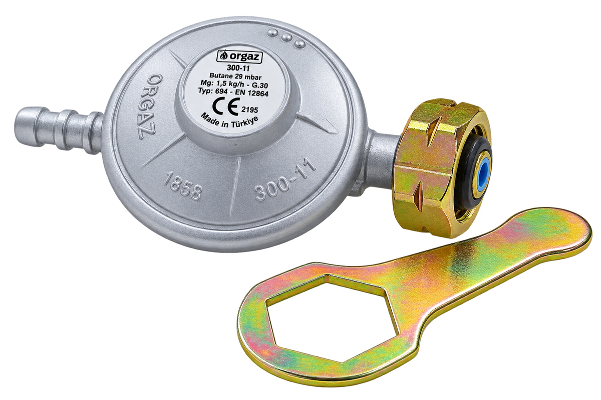 Regulator GPL Orgaz 300-11 – 29 mbar, 1,5 kg/h, Ceas pentru Butelie Turcia, cu Cheie Montaj
