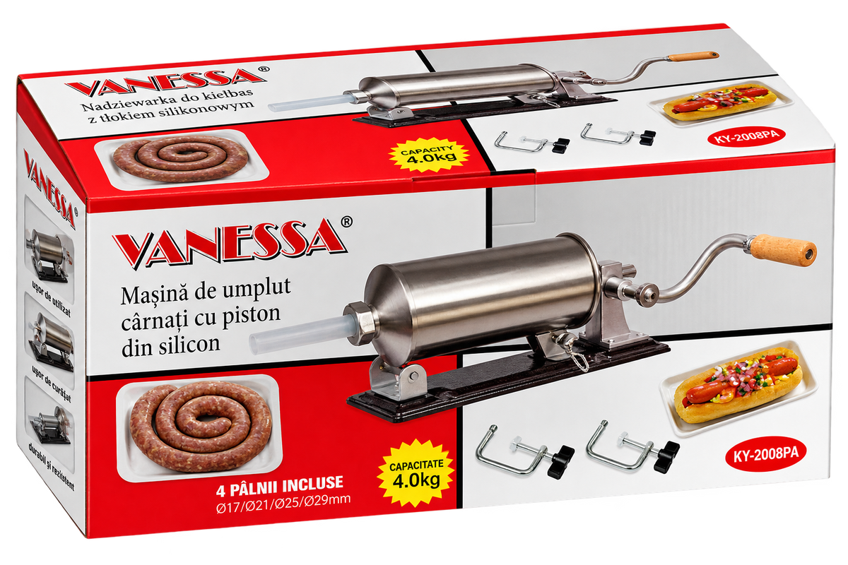 Mașină Manuală de Umplut Cârnați GEO-LUX, Inox, Capacitate 4 kg, 4 Pâlnii Incluse