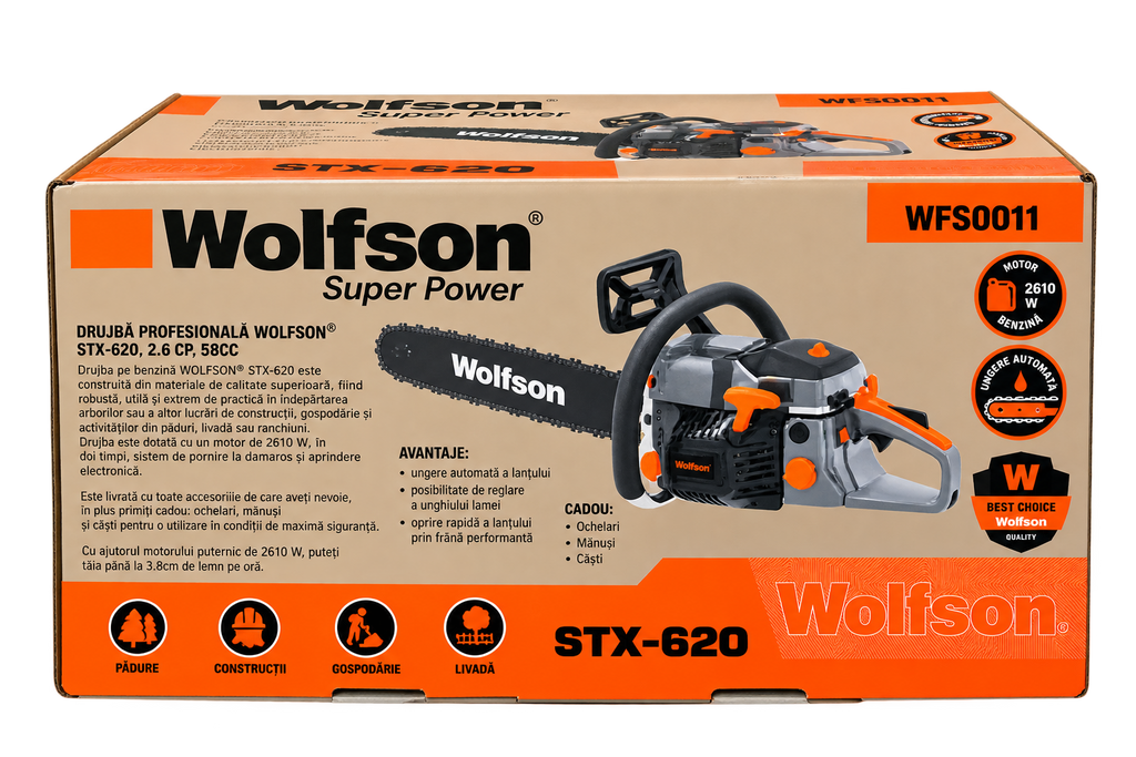 Drujbă Profesională pe Benzină Wolfson STX-620 – 3,5 CP, 58 cc, Lamă 45 cm