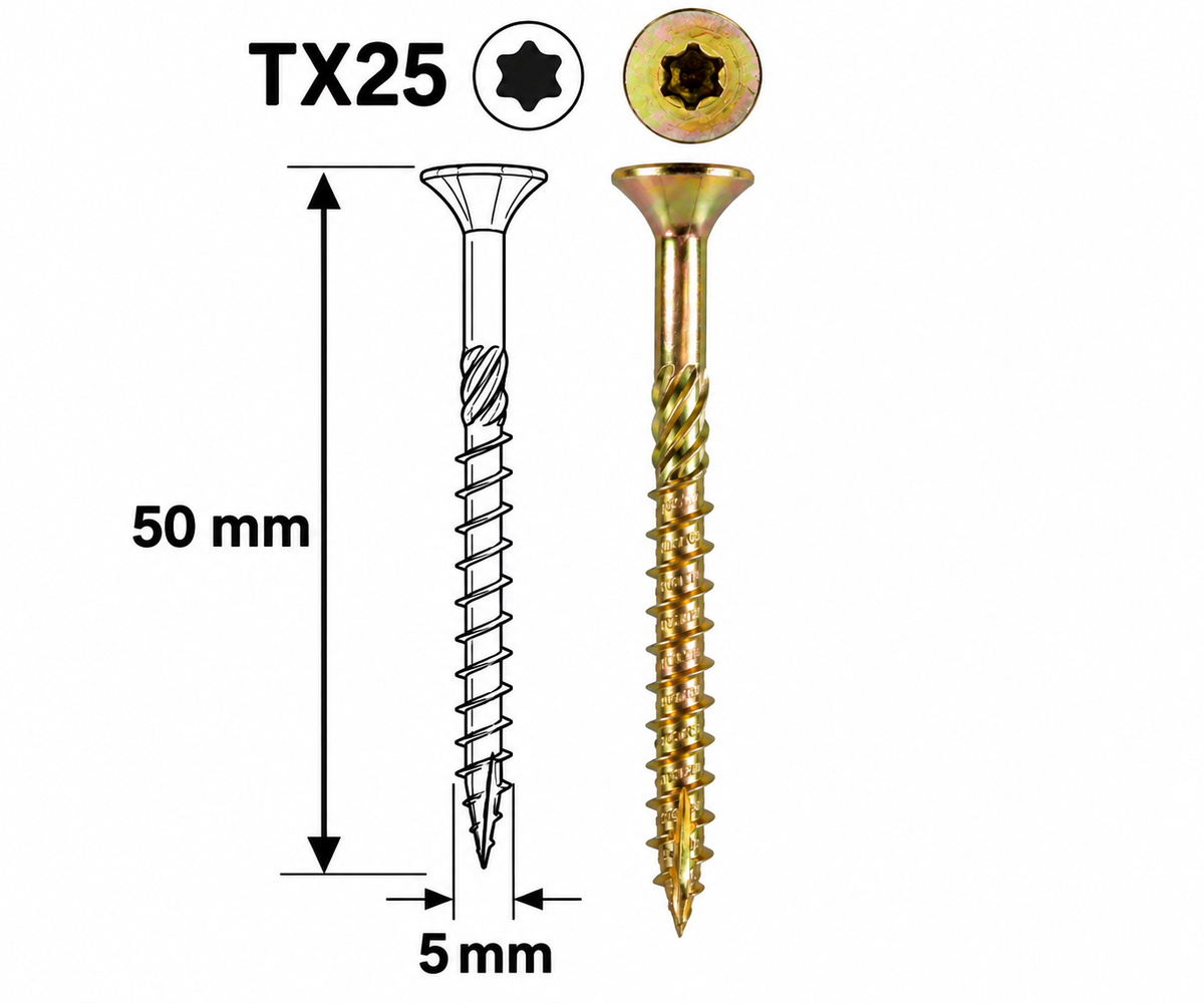 Șurub Dulgherie pentru PAL și Lemn Torx 5×50 mm – 500 Bucăți, Cap Înecat