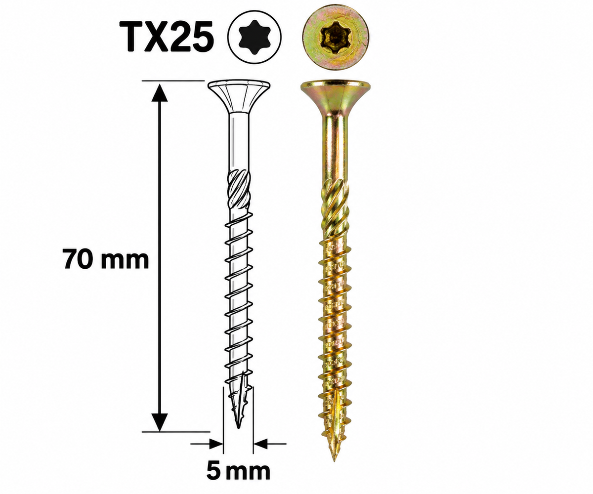 Șurub Dulgherie pentru PAL și Lemn Torx 5×70 mm – 200 Bucăți, Cap Înecat